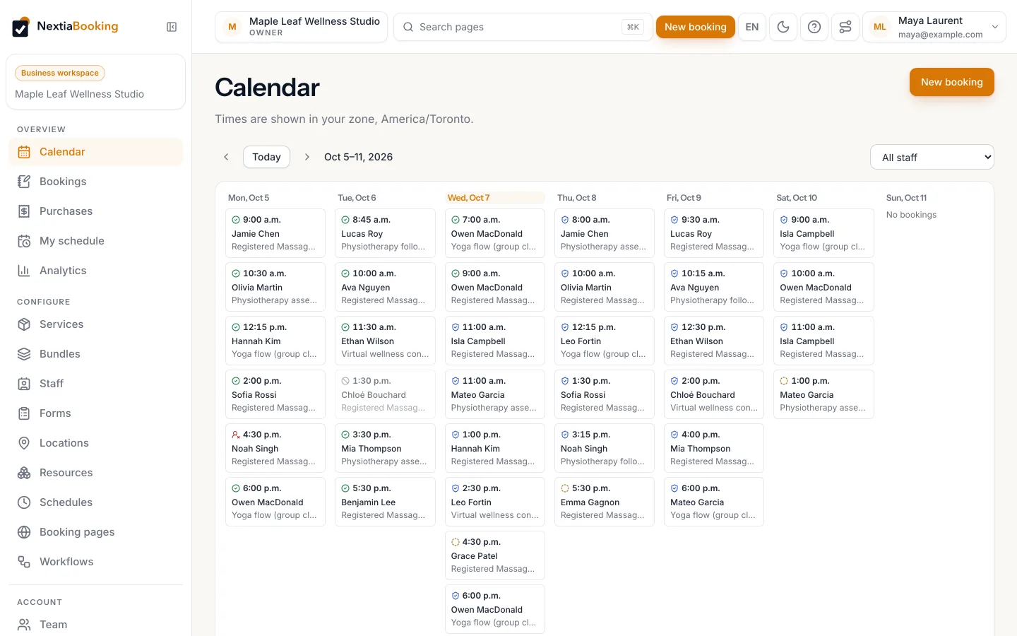 NextiaBooking console showing a week calendar of bookings for a wellness studio